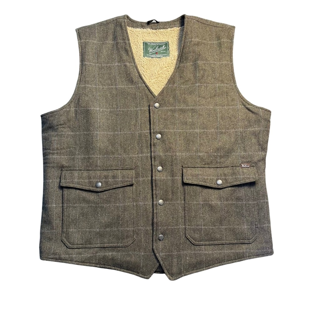 Woolrich Teton Vest Men's L Gray Herringbone Plaid Wool Sherpa Lined Workwear